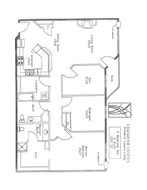 Floor plan for 2 beds, 2 baths, 1371 sqft